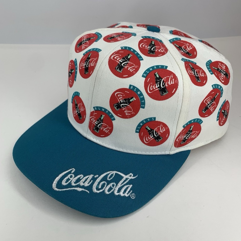 Always Coca Cola Hat Logo All Over Snapback OSFA Teal White Baseball Cap Vintage
